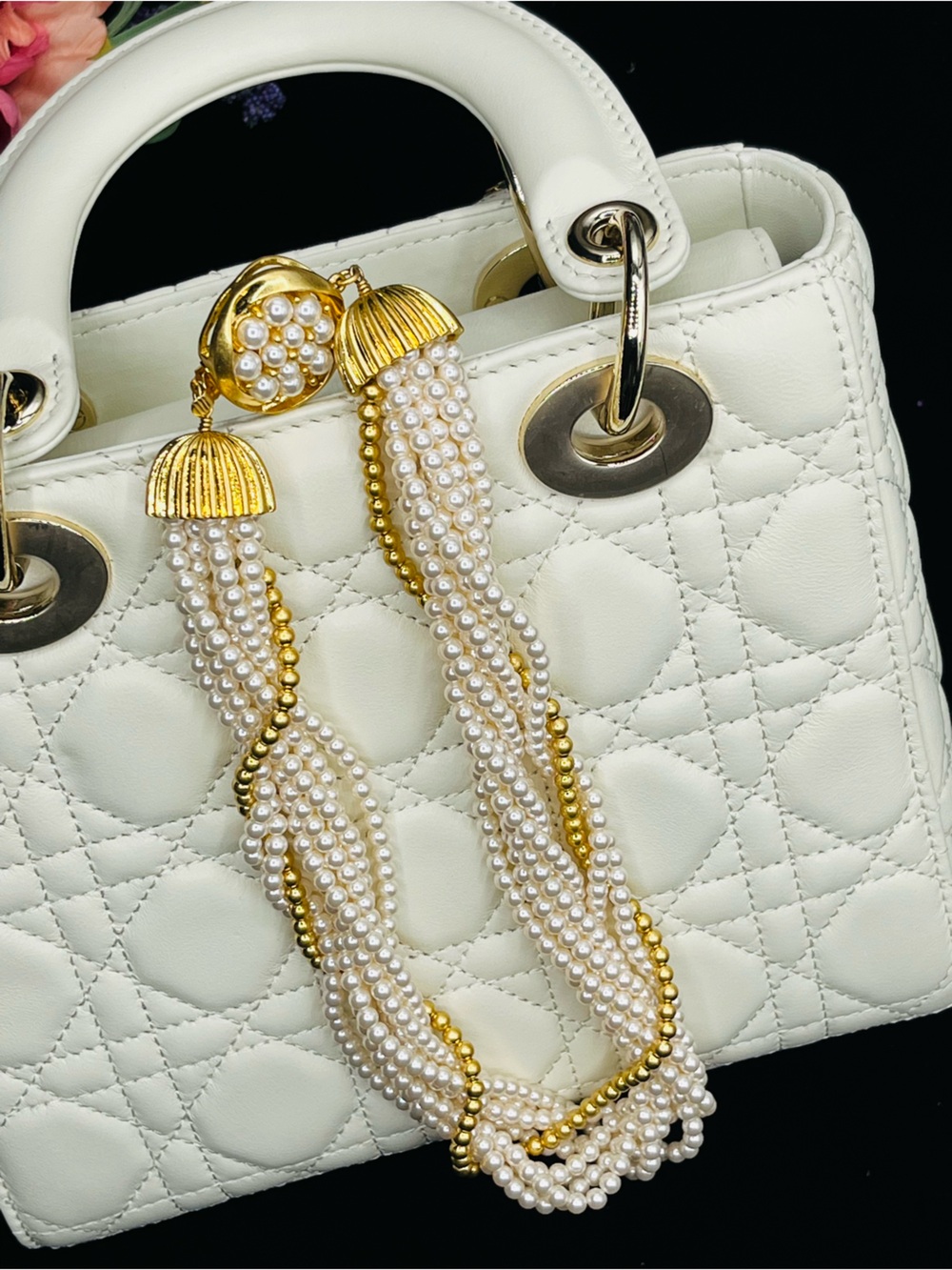 Vintage Multi-Strand Pearl & Gold Bead Torsade Necklace w/ Signed Designer Clasp